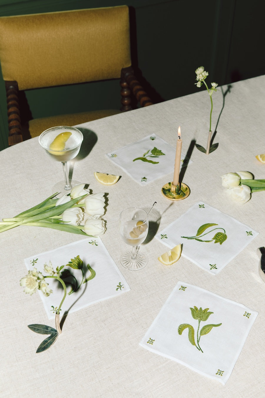 Delft Tulip Cocktail Napkins Green, Set of 4 - Pre-Order