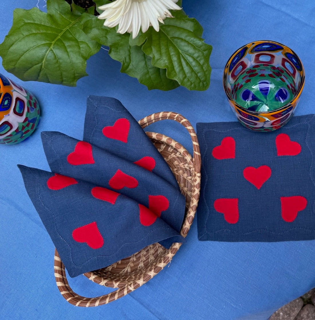Heart Cocktail Napkins, Navy & Red, Set of 4