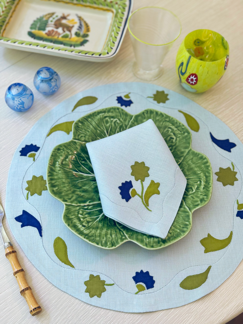 Flora Placemat, Pale Blue & Green, Set of 2 - New