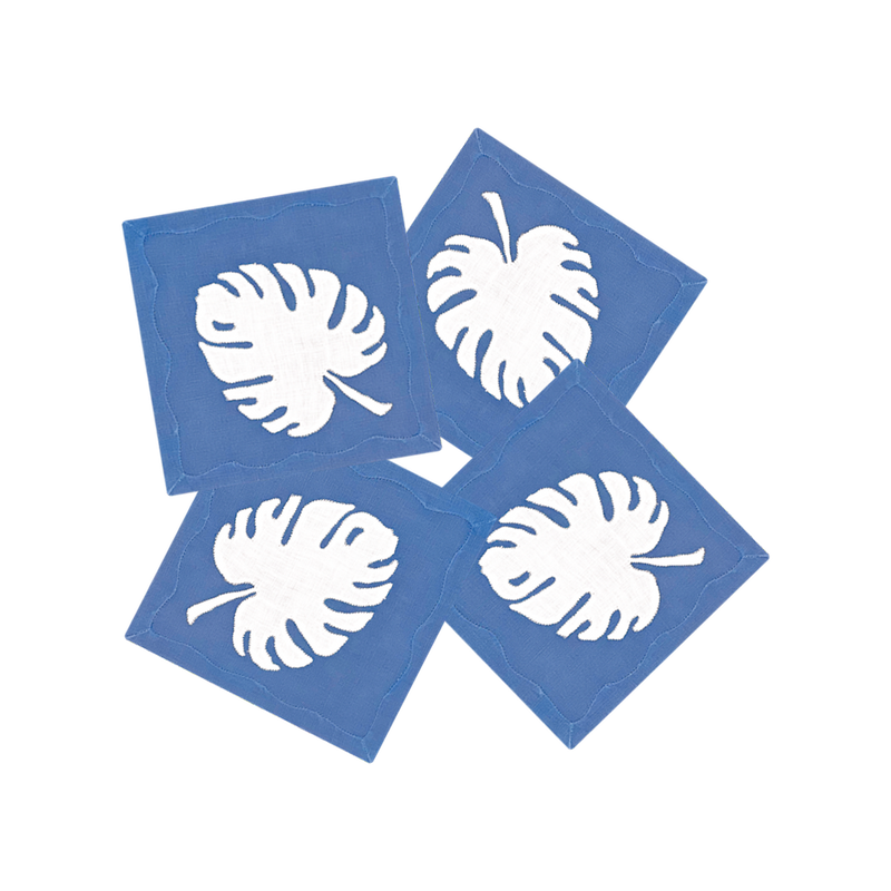 Monstera Leaf Cocktail Napkins, French Blue, Set of 4