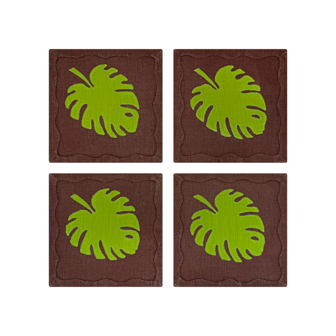 Monstera Leaf Cocktail Napkins, Sandalwood & Green, Set of 4 - New