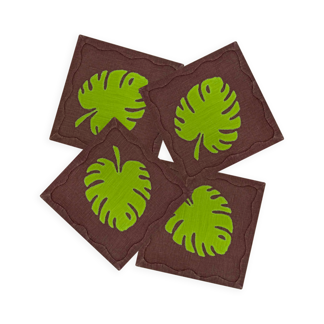 Monstera Leaf Cocktail Napkins, Sandalwood & Green, Set of 4 - New
