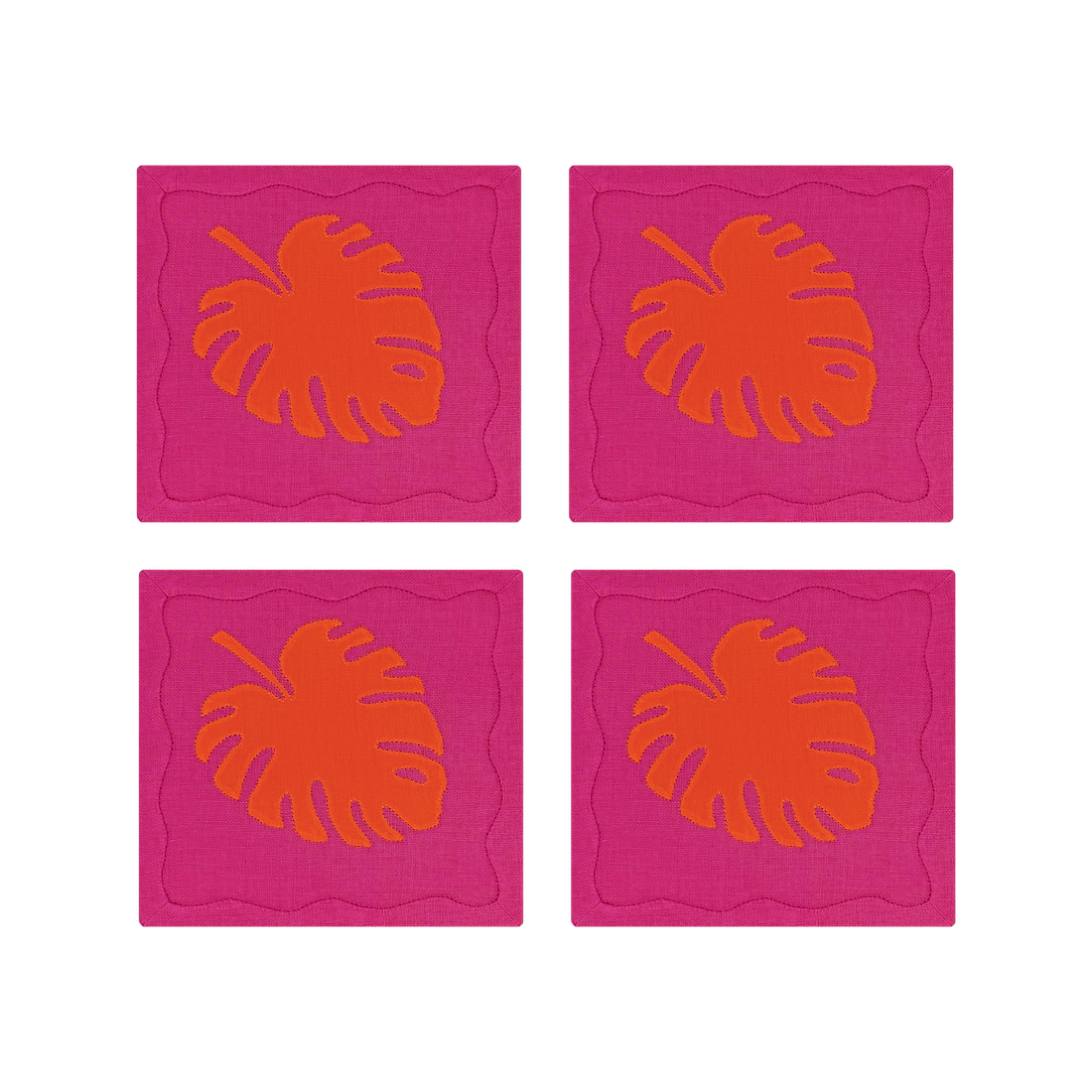 Monstera Leaf Cocktail Napkins, Pink & Orange, Set of 4 - New