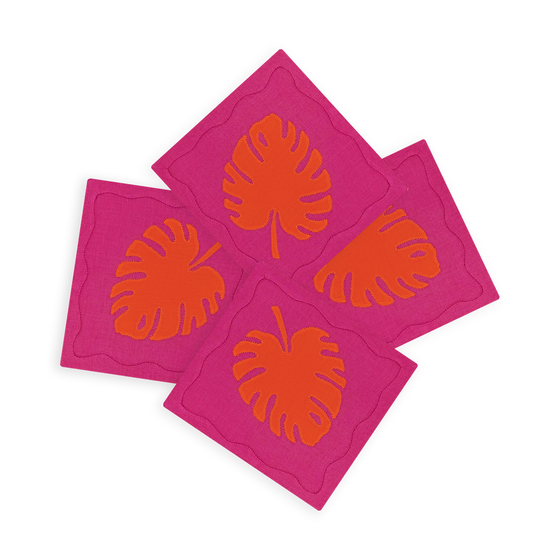 Monstera Leaf Cocktail Napkins, Pink & Orange, Set of 4 - New