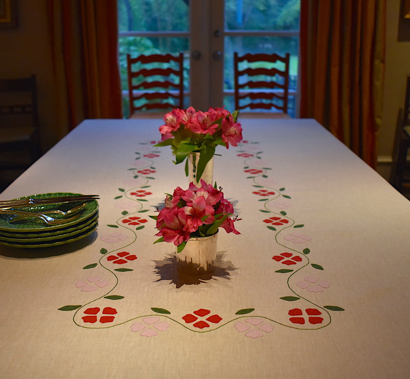 Matisse Floral Tablecloth, Oatmeal with Red & Pink, Large