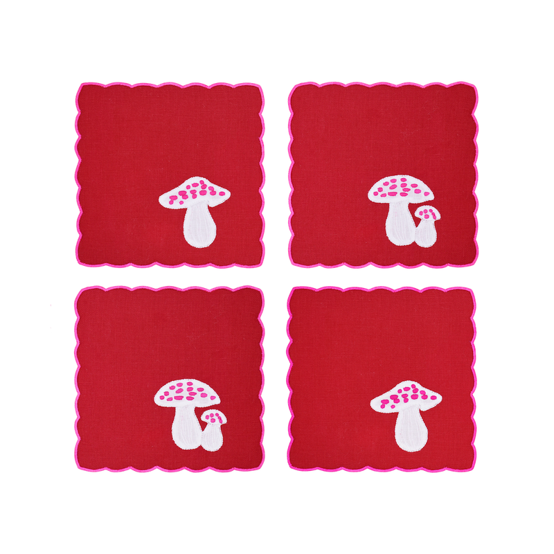 Mushroom Cocktail Napkins, Red & Pink, Set of 4